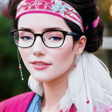 kizi, blue sky and white clouds, wearing silver glasses, glad, glad, red cheeks, bblack hair, wearing a pink headband, perfect q...