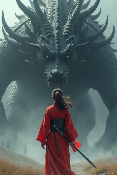 woman, standing far in the middle, facing backwards, ponytail wavy medium long brown thick hair, wearing red yukata kimono with a sword in left hand, tamming and surrounded by a black dragon that have many of whiskers