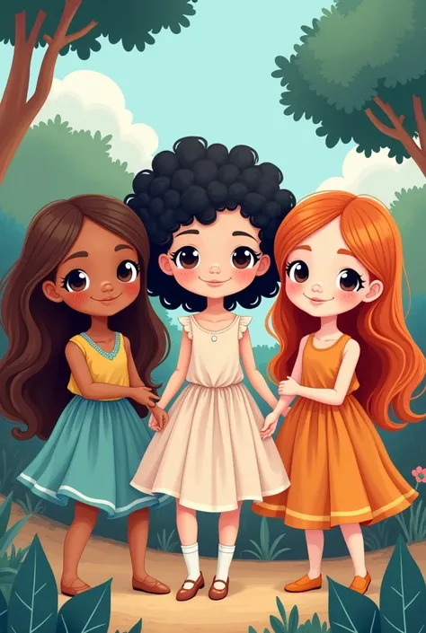 Cartoon image of 3 girls , one with brown hair, another with white skin, curly black hair, the other with straight, copper blonde hair 
