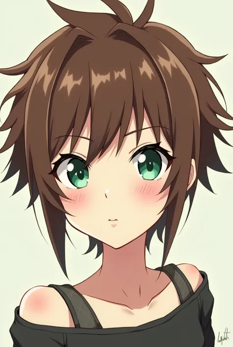 Anime character with green eyes, pointy brown hair and white skin