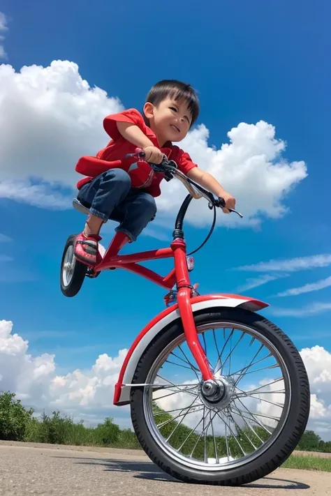 A tricycle flies in the sky.