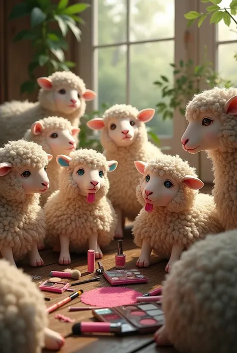 Sheep putting on makeup 
