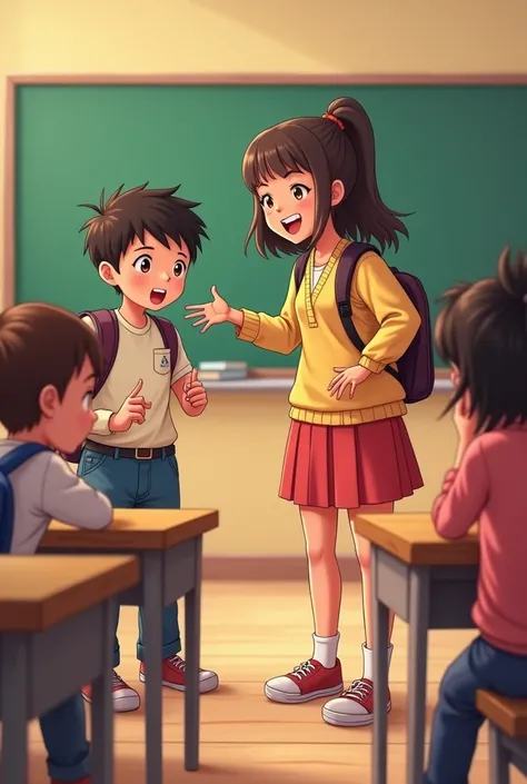 A school girl greeting her friends and a boy nervously sitting in a classroom