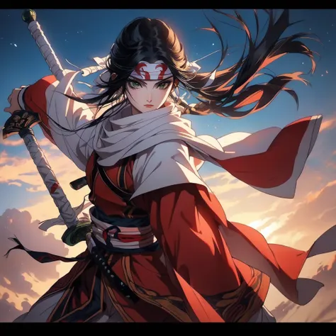 anime character with sword and cape holding sword in front of a sky, she is holding a katana sword, sengoku - era art style, fem...