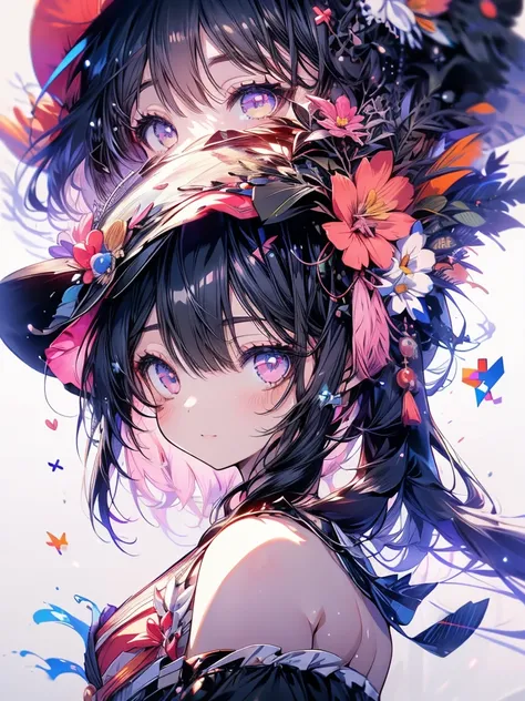 An anime girl with black hair and pink inner color、Shes wearing a red hat and a pink skirt, I also make fan art, Pubic Pose, Anime Goddess, Reimu Hakurei, A cute anime wife wearing a beautiful Japanese-style dress, Enchanting anime girl, Azur Lane Style　Hi...