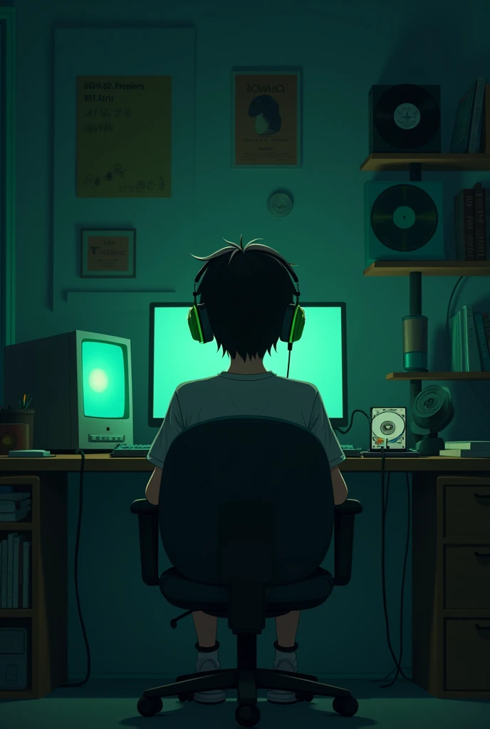 night、Listen to music in a cozy room, Using green headphones, 2D anime style, Lo-Fi, hard disk, Dark Environment、Staying calm