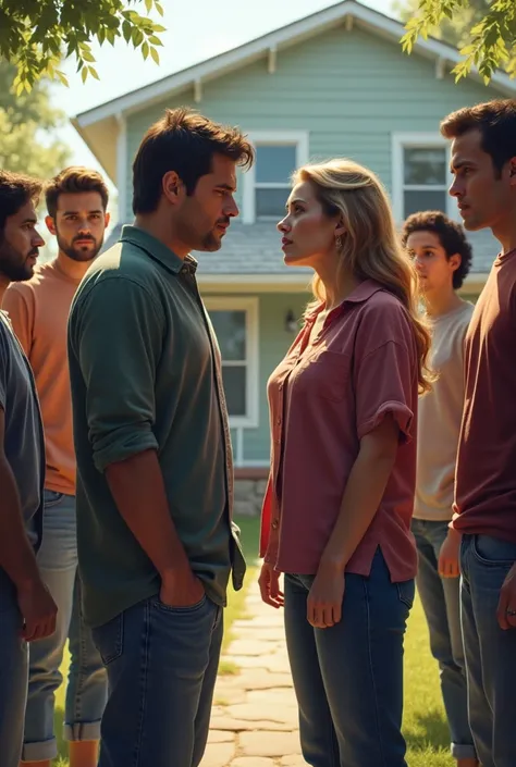 a man and a woman arguing in front of a house with their friends looking on