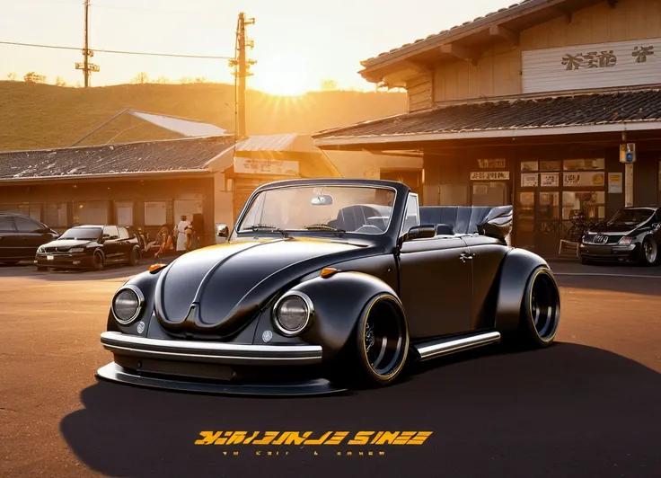 DIAGONAL CAMERA distant, full image of a 1970s Volkswagen Beetle hot rod convertible, futuristic style, rounded corners, Black METALLIC reflective, Black  METALLIC, EXTREMELY POLISHED AND MIRRORED PAINTING, PAINT reflects bright sunlight, Hot rod style , f...