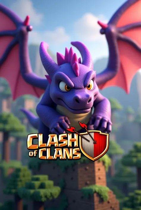 A logo with the name of "Clash of Clans II" and a Minecraft background with shaders and a purple dragon