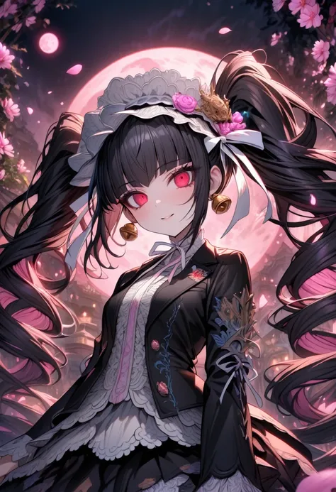 Ultra detailed, highres, absurdres, HDR, master piece, Celestia Ludenberg, black hair tied into two twin-drill pigtails, white bonnet, expressive red eyes, black jacket, white shirt, black skirt, black stockings, Danganronpa, pink flowers, petals, fireflie...