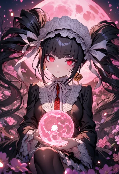 Ultra detailed, highres, absurdres, HDR, master piece, Celestia Ludenberg, black hair tied into two twin-drill pigtails, white bonnet, expressive red eyes, black jacket, white shirt, black skirt, black stockings, Danganronpa, pink flowers, petals, fireflie...