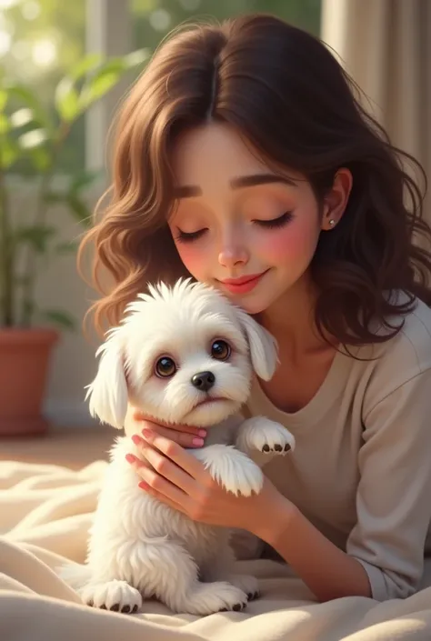 A white Maltese puppy with its owner who is brunette and has curly hair