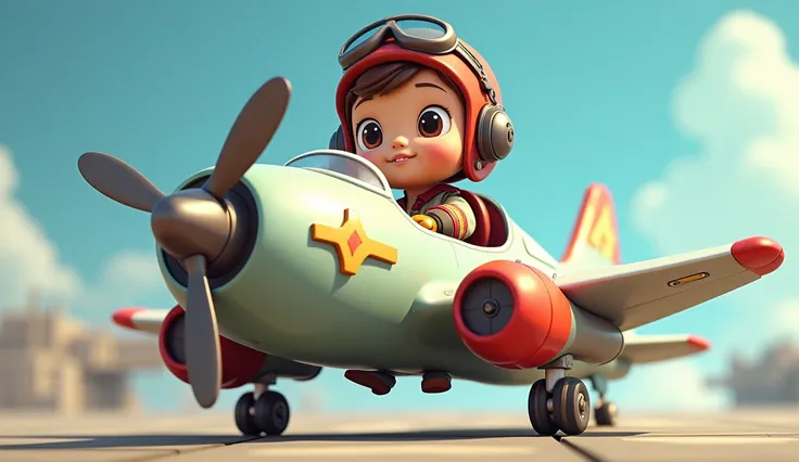 A cartoon boy wearing a pilot helmet and goggles is sitting in a plane that can launch rubber bands., 45 degree viewing angle，The whole plane，Official Artwork, Official illustrations, Official Art, CG Art, cartoon, Key Art, commercial photo of toys, Airbru...