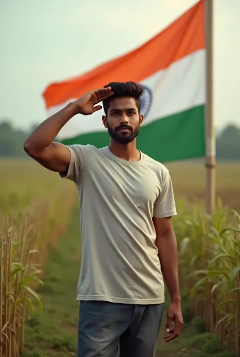 A indian Former. with a decent body, trendy haircut Night pant and t shirt age around twenty one saluting indian flag  With all respect in the farm Showing this face