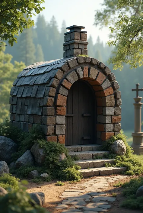 Crematorium that looks like a wood-fired oven with the base on the ground, medium-sized door 