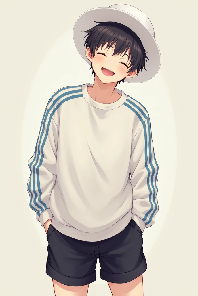 Upper body shot only, Black short hair,Focus on the upper body. He is wearing a white sweatshirt with blue stripes., White Hat, Black shorts, He closes his eyes and smiles sweetly