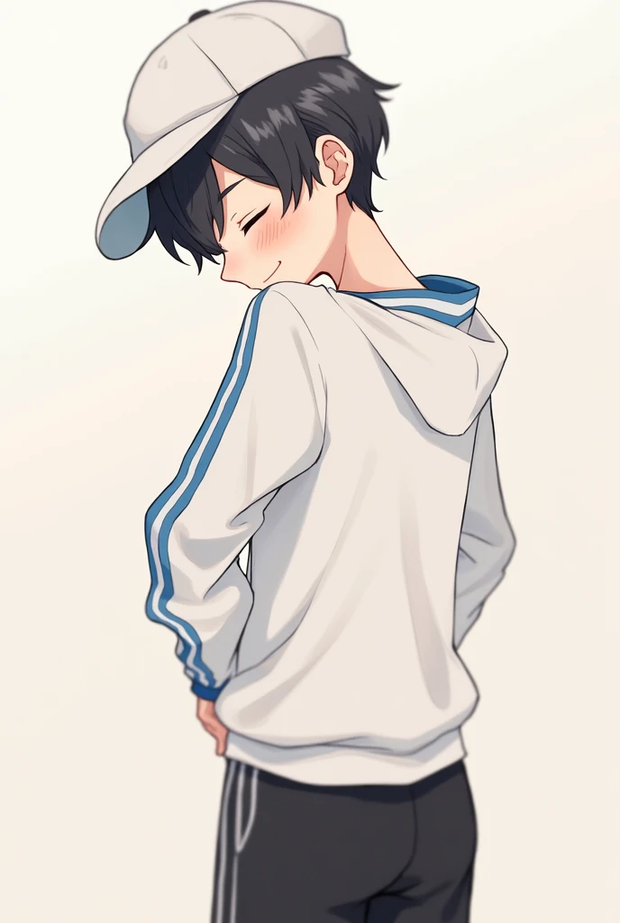 Upper body shot only, Black short hair,Focus on the upper body. He is wearing a white sweatshirt with blue stripes., White Hat, Black shorts, He closes his eyes and smiles sweetly