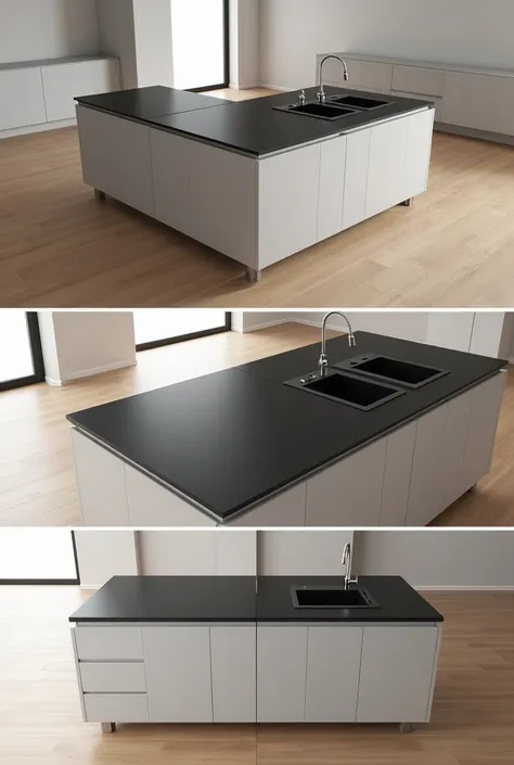 Could you provide me with images of a modern kitchen from different angles?, with wooden floor, with only the black countertop, tables in parallel, the central table attached to a wall, double-basin sink in the central table, light gray melamine furniture.