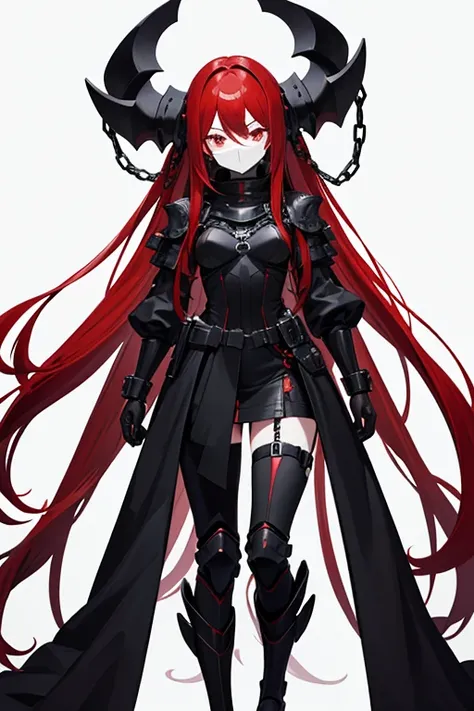 long red hair woman wearing black color stempunk clothing with exoskeleton armor with chains faceless black mask full body looking at viewer white background