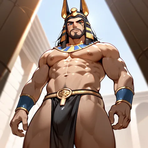 score_9, score_8_up, score_7_up, rating_explicit, source_anime, male focus, man, Egyptian, Egyptian makeup, handsome man, toned, big ass, front view, low angle