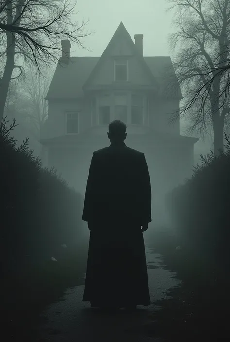 the exorcist 1973, front of the house, father, Father Karras in front of the house, with his back to the camera, dark, black and white, full mist, poster