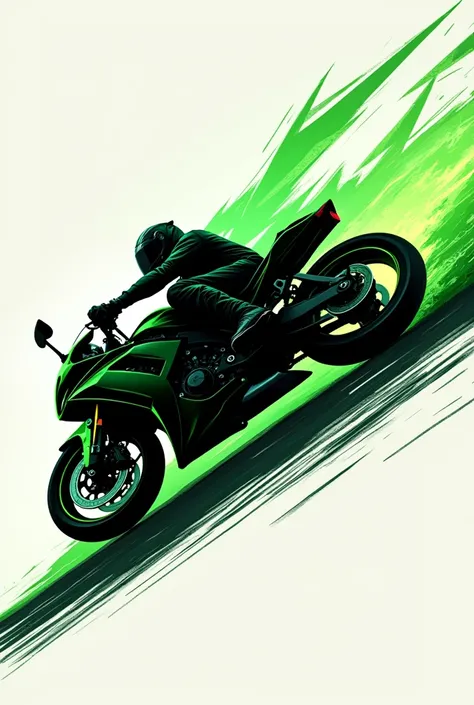  The silhouette of a green lightning bolt combined with a Kawasaki Ninja 300 motorcycle., falling on the track, The bike is in profile and under the surface it says "Green ray", Its an epic and eye-catching logo design, drawing style. 