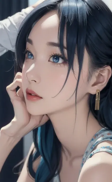 (masterpiece:1.4, Highest quality), (Intricate details), unity 8k wallpaper, Super detailed, beautifully、aesthetic, Perfect lighting, (One person), (Blue Hair, blue eye, Medium chest),, Dynamic pose, Dynamic Angle,  lipstick, slim, slim body, Medium chest,...