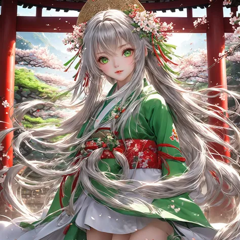 High definition、A pure and beautiful young girl in a shrine maidens outfit、１５age～１８age、Long silver hair, half green、Full body portrait、I dont show my legs、Long-hemmed outfit、Large opal eyes、Powerful eyes、Dancing Kagura Dance、Flowers sprout from beneath you...