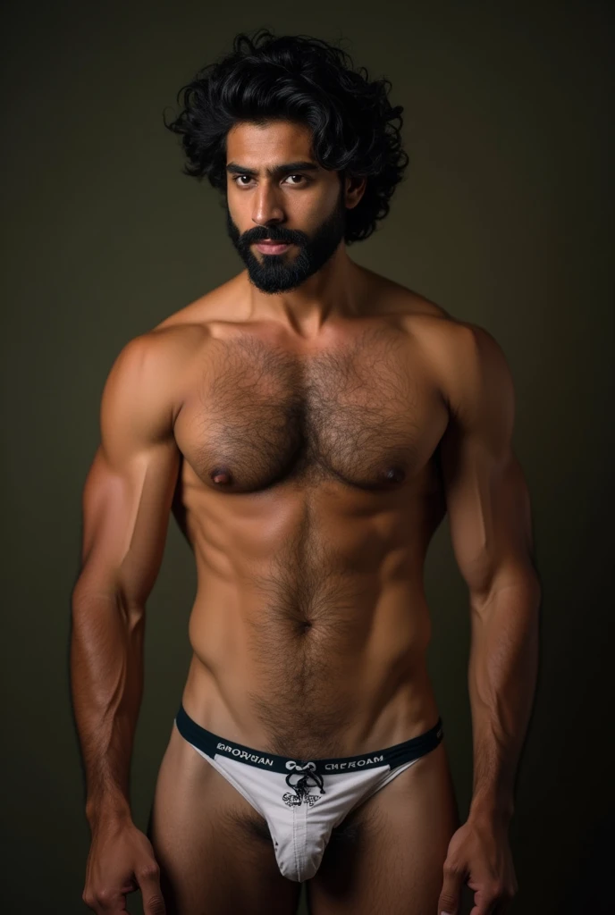 A nude muscular indian man with beard, chest hair, pubic hair, and big penis, ejaculating. Looking in front seductively, no underwear