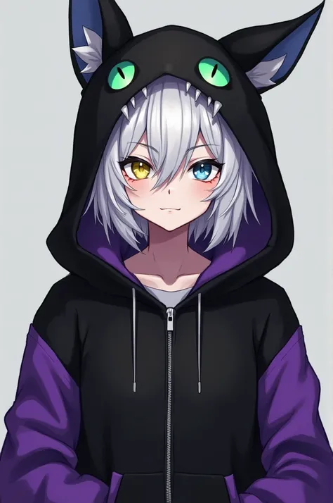 black zip hoodie,orange inner shirt,18 year old boy with white hair,The hood of the hoodie has black ears and two large green eyes, and the frame of the hood has white fangs,The hoodie has purple fabric from the elbows down,Odd-eyed, left eye yellow and ri...