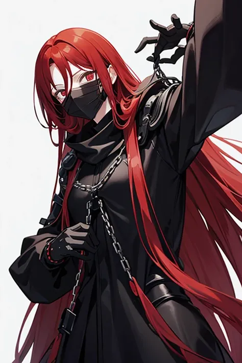 long red hair woman wearing black color stempunk clothing with exoskeleton armor with chains faceless black mask full body looking at viewer white background