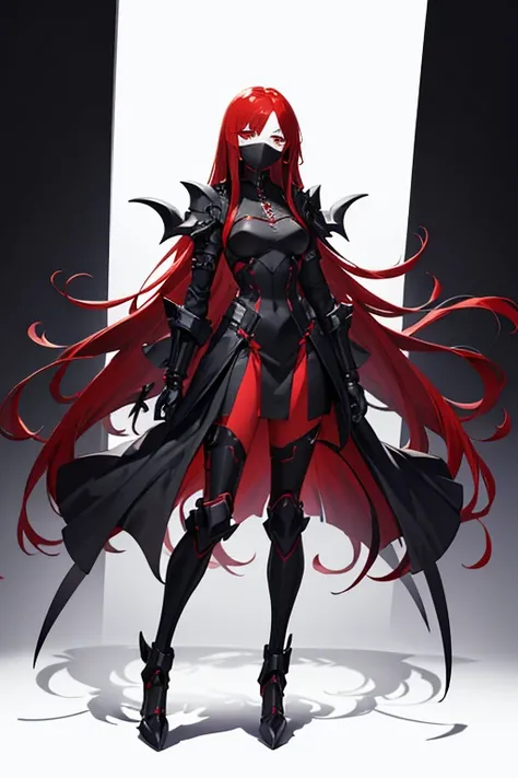 long red hair woman wearing black color stempunk clothing with exoskeleton armor with chains faceless black mask full body looking at viewer white background