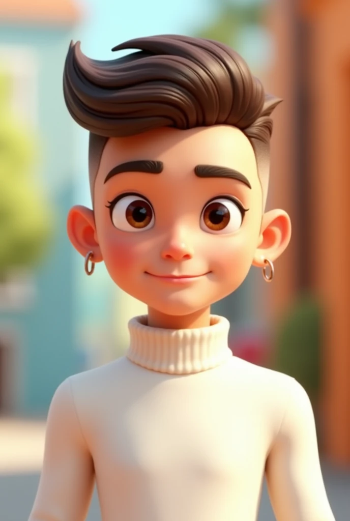 A young man , with short brown hair shaved on the sides, small hoop earrings, square face, and brown eyes, wearing white turtleneck, 3d cartoon, looking straight ahead.