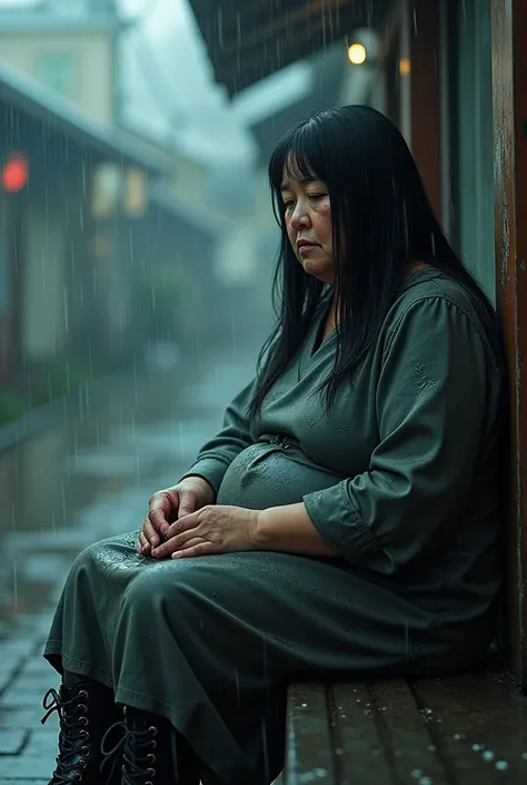 (photorealism:1.3), Japanese woman, fat woman, not young, not looking at outside, some spots on the face, sitting in the rain, wearing wet dress and skirt and Dr.Martens boots, black long straight, outdoors, soft lighting, relaxed pose, realistic, intricat...