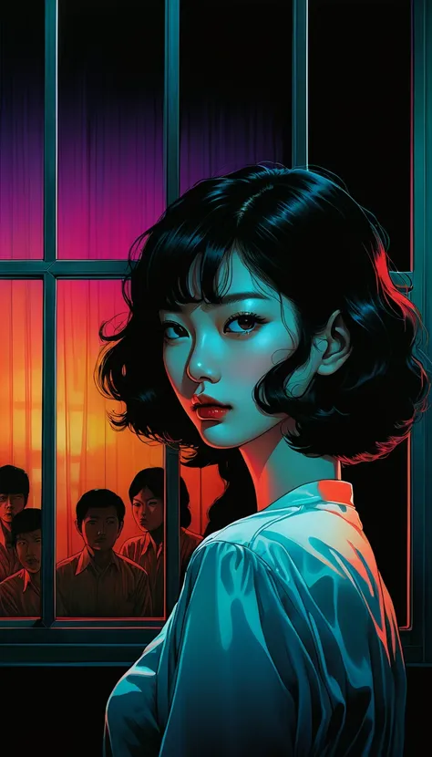 An illustration、art、80s Thai horror movie poster, Supervised by Junji Ito、(Beauty:1.2)、Window Glass、night、Attention to detail, Realistic Shadows、Analog Style, chromatic aberration, Surrealism、Complementary Gradient