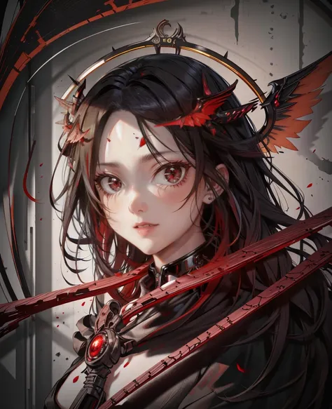 8k,masterpiece,A painting with black and red as the main colors,whole body,smile,One Girl,Highly detailed face,Highly detailed beautiful eyes,(glowing eyes),mechanical wings,mechanical halo,single mechanical arm,