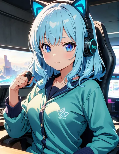 (anime artwork, anime style, studio anime, very detailed, up to date, vibrant, Anime Coloring, high contrast, masterpiece:1.2, best quality, best aesthetics),1 girl,light Blue hair,Mullet hairstyle,Best quality,light smile,{{gaming pc}}, {{gaming chair}}, ...