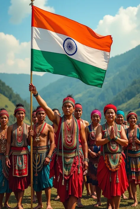 North east indian people holding indian flag 