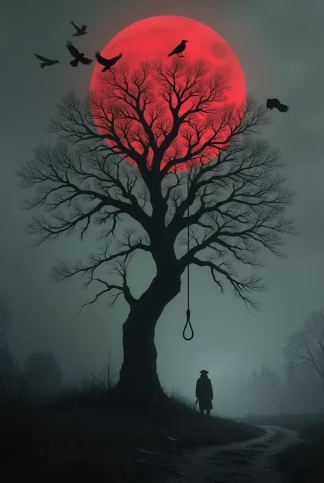 a lonely tree, dry tree without leaves scary, rope hanging on a branch, gallows, black and white, night, red moon in night sky, crows flying around. crows standing on the branches of the tree, scary fog.