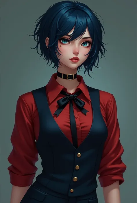 youthful woman, has short, messy hair, dark blue color , eyes with pool blue iris, has a scar on her right cheek. Has a clear, soft and well-maintained skin, with several ritualistic scar and tattoo marks. The girl is dressed in a crimson dress shirt with ...