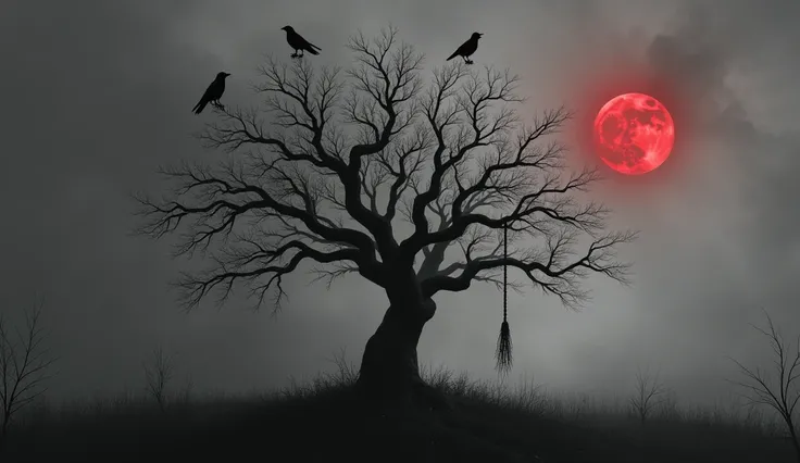 a lonely tree, dry tree without leaves scary, rope hanging on a branch, gallows, black and white, night, red moon in night sky, crows flying around. crows standing on the branches of the tree, scary fog.