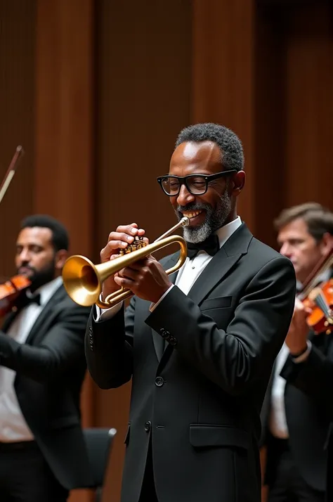 Create an image of
A string quartet violin Viola Cello ,Double bass  all Dressed in suits and ties of black race , Including the (Trumpeter) who will be in the center , a man between 50 and 60 years old, who wears reading glasses , brown eyes and a cheerfu...