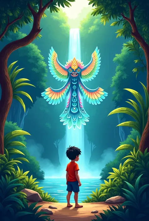 CREATE A COVER FOR MY COMIC ABOUT A BOY WHO GOES TO THE YAGUA VILLAGE IN THE JUNGLE AND MEETS THE SPIRIT WHO TEACHES HIM THE HISTORY OF THE YAGUAS. MAKE IT ANIMATED AND A LITTLE SIMPLER