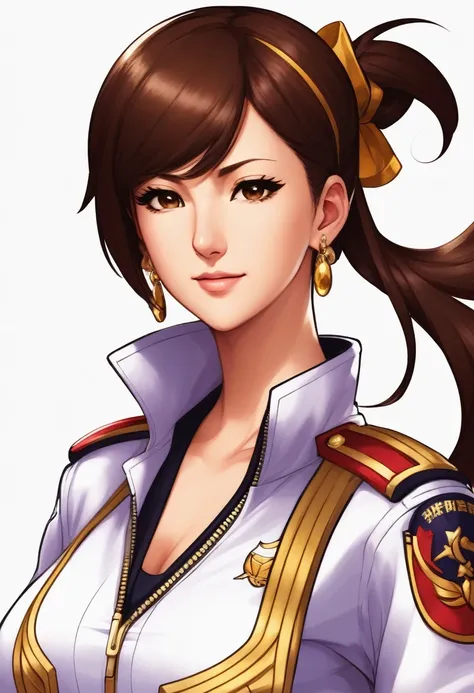 the_king_of_fighters whip_(kof) commentary_request highres 1girl brown_eyes brown_hair closed_mouth earrings from_side gloves holding holding_weapon holding_whip jewelry light_smile lips looking_at_viewer military military_uniform pants parted_bangs short_...