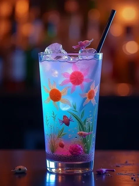 When I drink this cocktail I feel like I am drinking a whole ecosystem. Colorful creatures swim in its tall crystal clear glass. The backlight in the pub makes them so much more interesting.