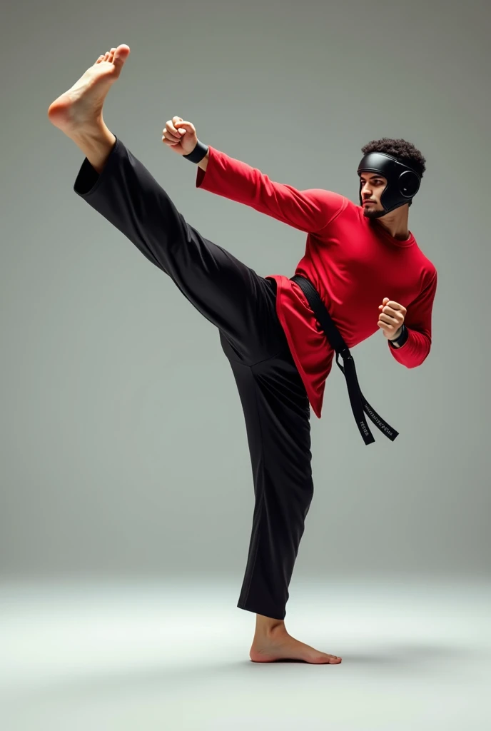 (photorealism:1.2), Man kicking high with red shirt, black belt, black sport pants with black stripes, barefoot and head protection.