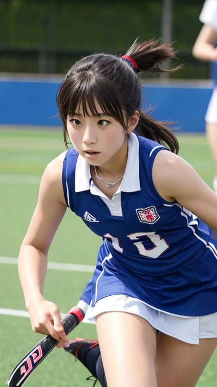 Japanese high school girls playing field hockey、She is very beautiful、Sleeveless uniforms、Expressionless、Small breasts