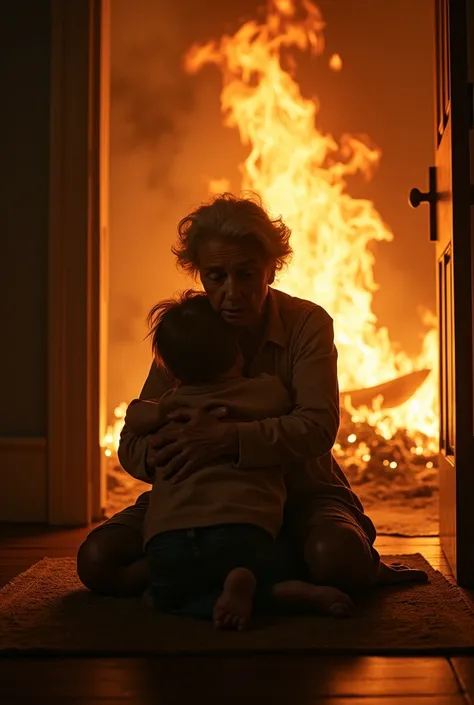 A grandmother sits on the floor after her house catches fire and tries to protect her child from the flames.