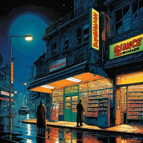 (masterpiece:1.4), (best quality:1.4), (High resolution:1.4), (masterpiece, best quality, High resolution:1.4), dark fantasy, science fiction, Frank Miller comic style, Convenience store on the road，midnight，night，street lamp, science fiction world