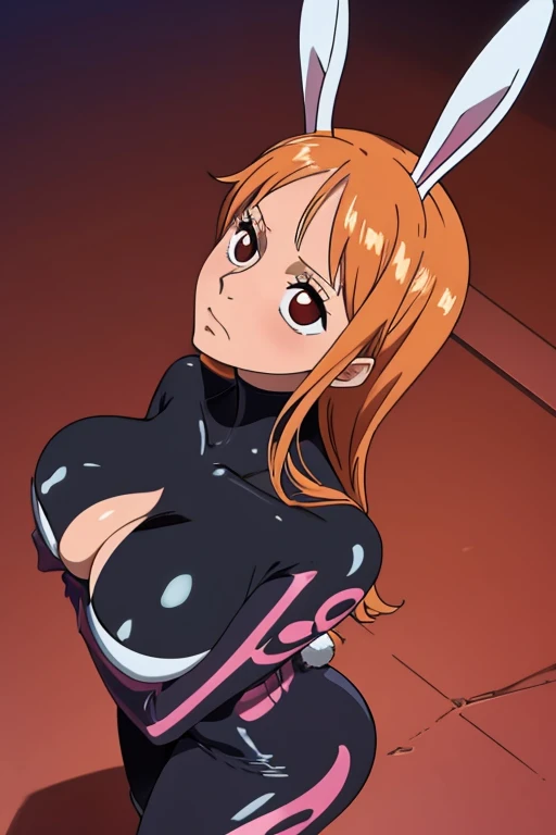 Big chest, chest, whole body,Thighs,Light blush, Bodysuits,Black,Bunny ears,looking at the camera, making eye contact, Light blush, valley,Large Breasts, Looking up,licking,To lick and hold between the cleavage